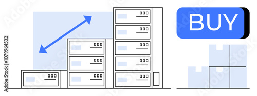Stacked server units grow larger with ascending arrow and BUY button, suggesting expansion and purchasing. Ideal for online business, e-commerce, growth strategy, technology services, cloud storage