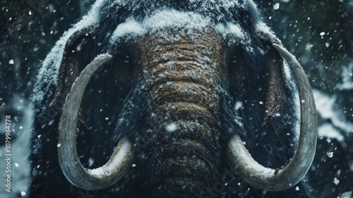 Close-up of a woolly mammoth's face with large tusks in a snowy forest.