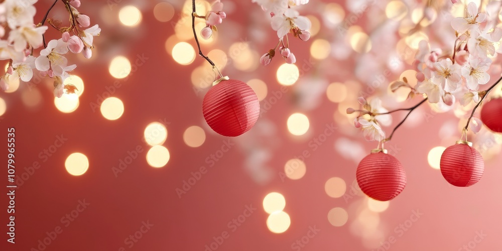 A serene scene featuring delicate cherry blossoms and vibrant red ornaments against a softly glowing background. A serene scene featuring delicate cherry blossoms and vibrant red ornaments against a softly glowing background.