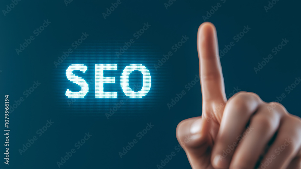 SEO bar concept. Hand pointing at glowing SEO text, emphasizing digital marketing importance SEO bar concept. Hand pointing at glowing SEO text, emphasizing digital marketing importance