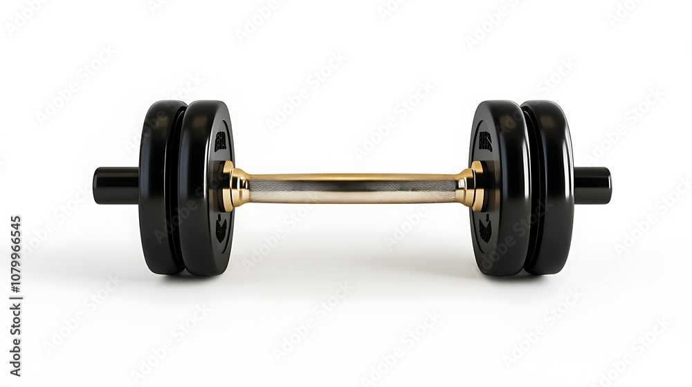 A black dumbbell with a metal bar and weights. A black dumbbell with a metal bar and weights.