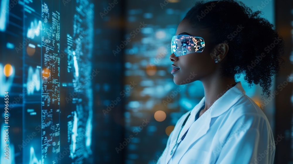 custom made wallpaper toronto digitalA side view of a Black female doctor, with data holograms illuminating her face as she analyzes complex healthcare analytics