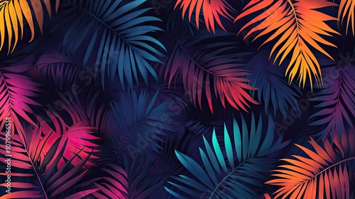 Vibrant tropical foliage in shades of blue, orange, and pink creates a striking background.