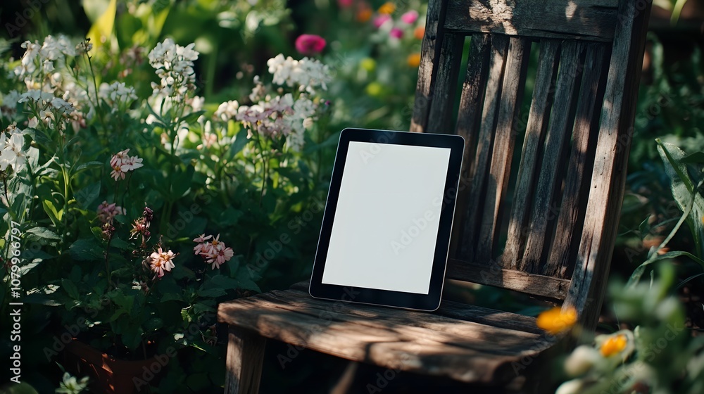 A blank tablet screen resting on a rustic wooden chair in a garden surrounded by blooming flowers, for outdoor lifestyle app mockups. - A blank tablet screen resting on a rustic wooden chair in a garden surrounded by blooming flowers, for outdoor lifestyle app mockups. -