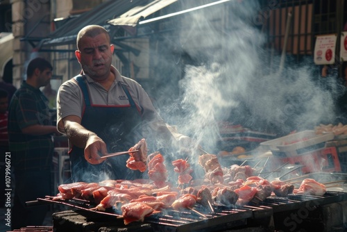 Fototapeta Naklejka Na Ścianę i Meble -  Palermo street vendor grills meat at local market.