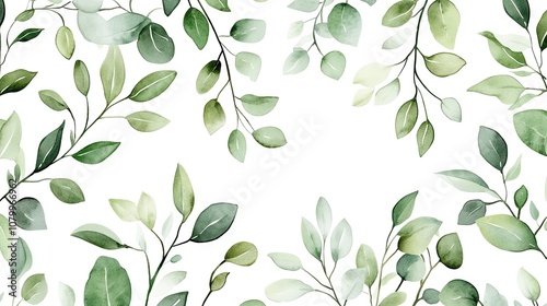 A delicate arrangement of green watercolor leaves, creating a fresh and serene botanical border.