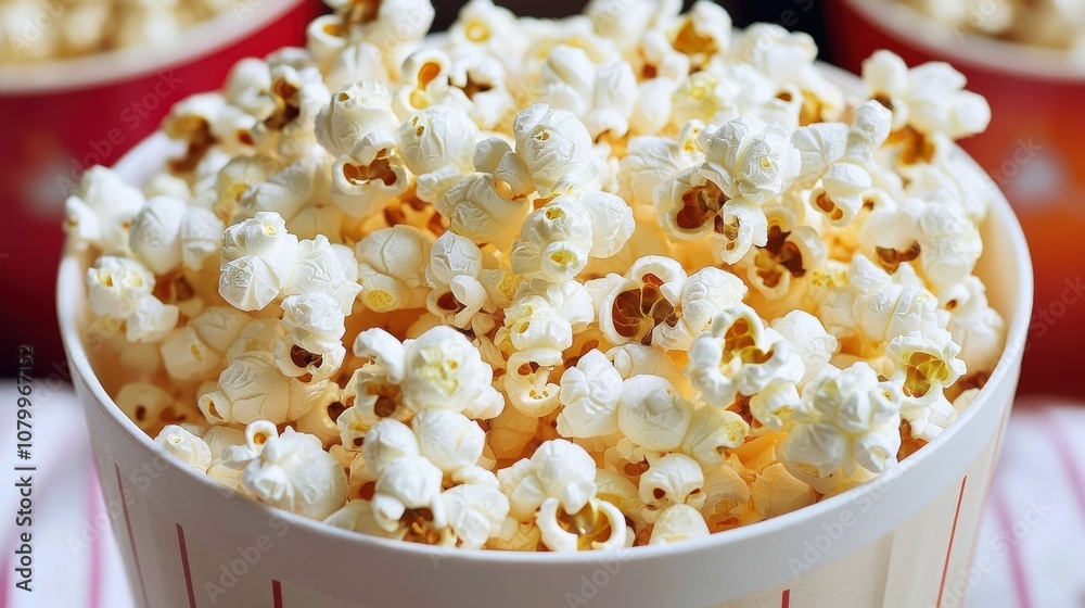 Freshly popped popcorn served in a large tub, perfect for enjoying during a movie night at home or in a theater Freshly popped popcorn served in a large tub, perfect for enjoying during a movie night at home or in a theater