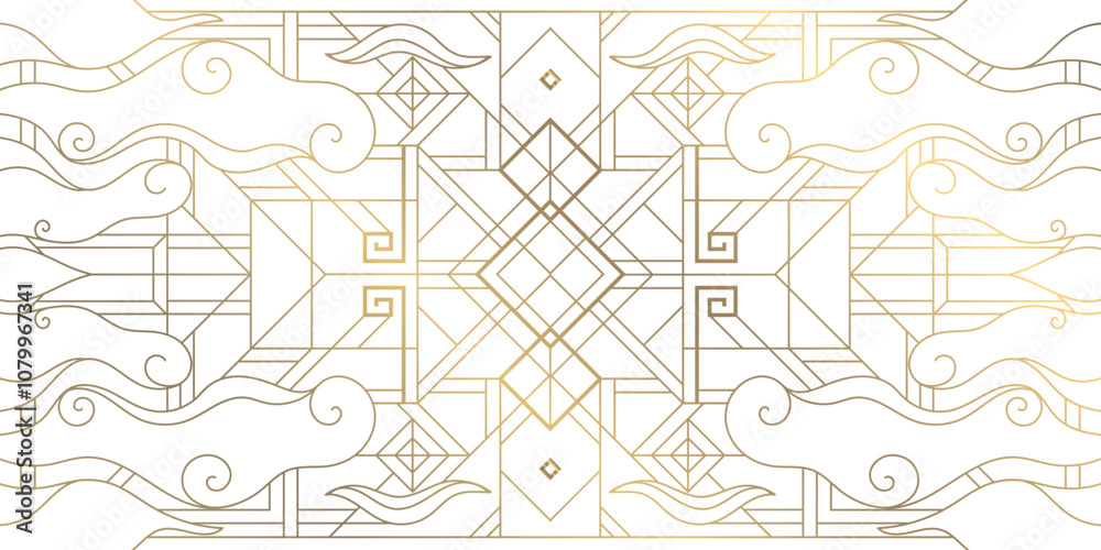 Vector abstract east, korean geometric background with line clouds. Gold on white ornament, frame with swirls. Chinese new year ornament