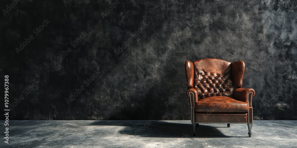 Brown leather armchair in front of a dark textured wall. Brown leather armchair in front of a dark textured wall.