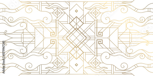 Vector abstract east, korean geometric background with line clouds. Gold on white ornament, frame with swirls. Chinese new year ornament photo