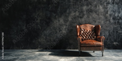 Brown leather armchair in front of a dark textured wall.