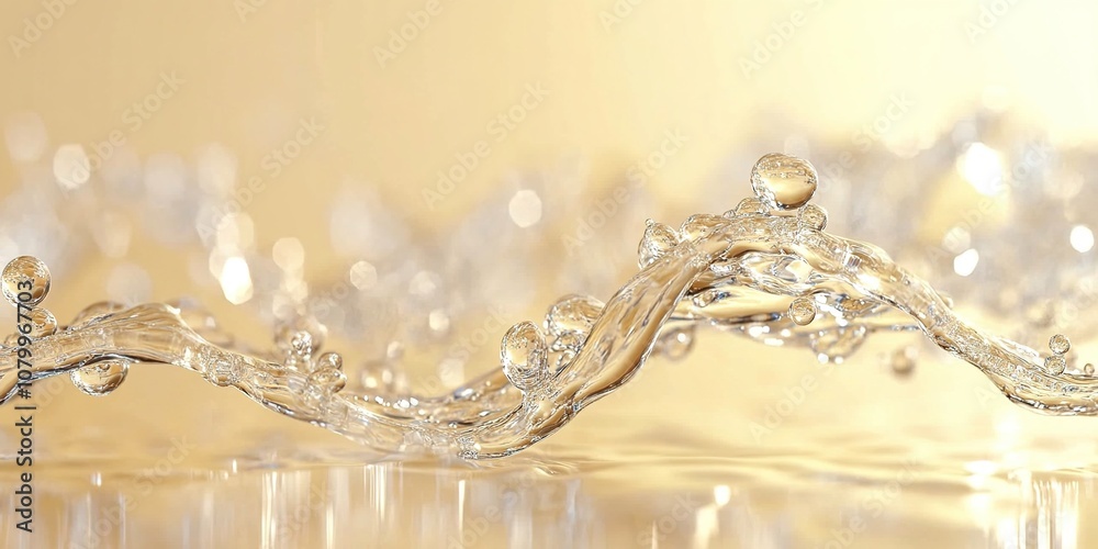 Creative Abstract Marketing Background for Autumn-Winter Skincare Featuring Clear Water Molecules, Translucent Droplets, and Bubbles Forming a DNA Chain Shape Against a Soft Yellow Backdrop. This 3D R Creative Abstract Marketing Background for Autumn-Winter Skincare Featuring Clear Water Molecules, Translucent Droplets, and Bubbles Forming a DNA Chain Shape Against a Soft Yellow Backdrop. This 3D R
