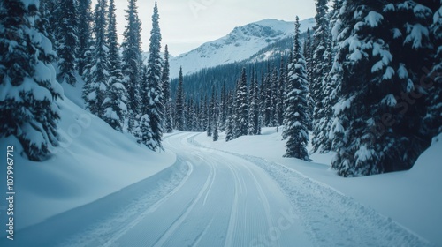 A cross-country ski trail winding through a peaceful snow-covered forest at the foot of a mountain range.