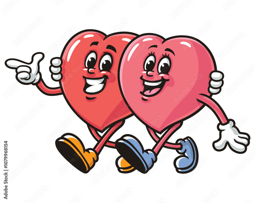 Walking Heart Couple, Love, Heart Cartoon Mascot Illustration Character Vector Clip-art Hand-drawn Logo Design Walking Heart Couple, Love, Heart Cartoon Mascot Illustration Character Vector Clip-art Hand-drawn Logo Design