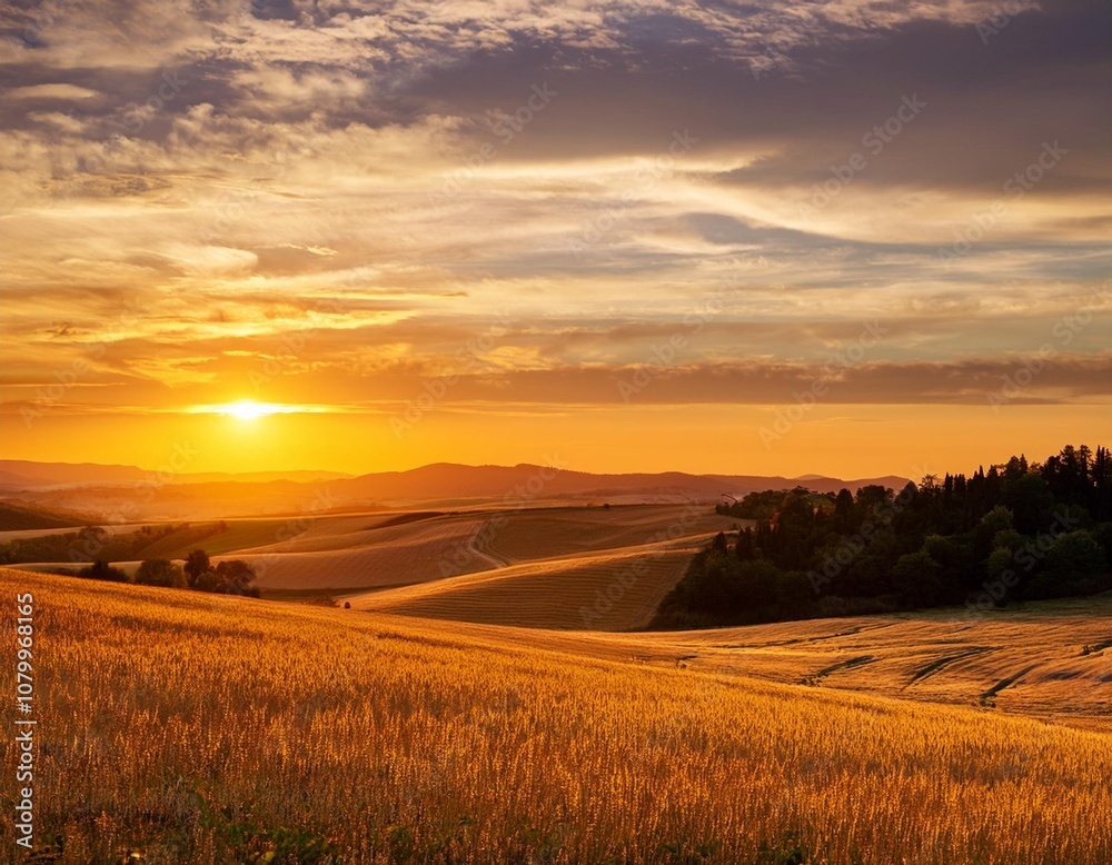 Fototapeta premium Sunset Over Rolling Hills of Golden Fields, Captured With a Vibrant Sky and Layers of Trees in the Distance for a Scenic Nature Landscape