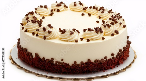 Delicious Red Velvet Cake Isolated on White Background with Creamy Frosting and Chocolate Chips, Perfect for Celebrations and Desserts