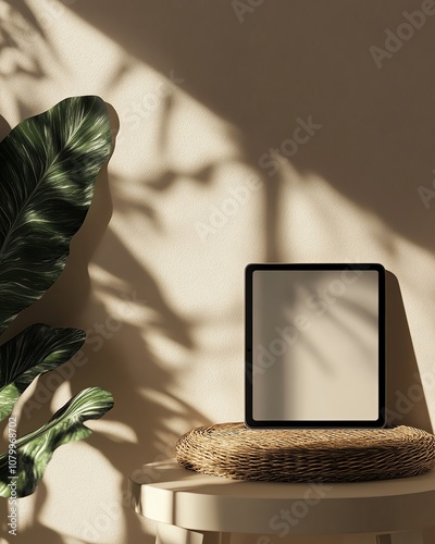 mockup visual preview mockup visual preview Minimalist tablet on stylish table with shadows. photo