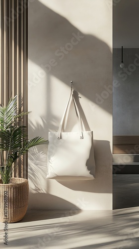 mockup visual preview mockup visual preview Stylish bag hanging in modern interior space. photo