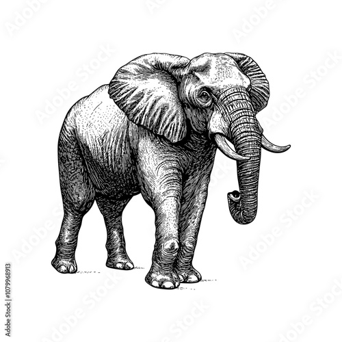 Detailed vintage engraving of a walking elephant. Vector illustration design.. Black and white sketch of wild animal isolated on white. photo