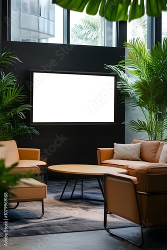 A blank TV screen in a modern office lounge with comfortable sofas, green plants, and a coffee table, for business or corporate videos.