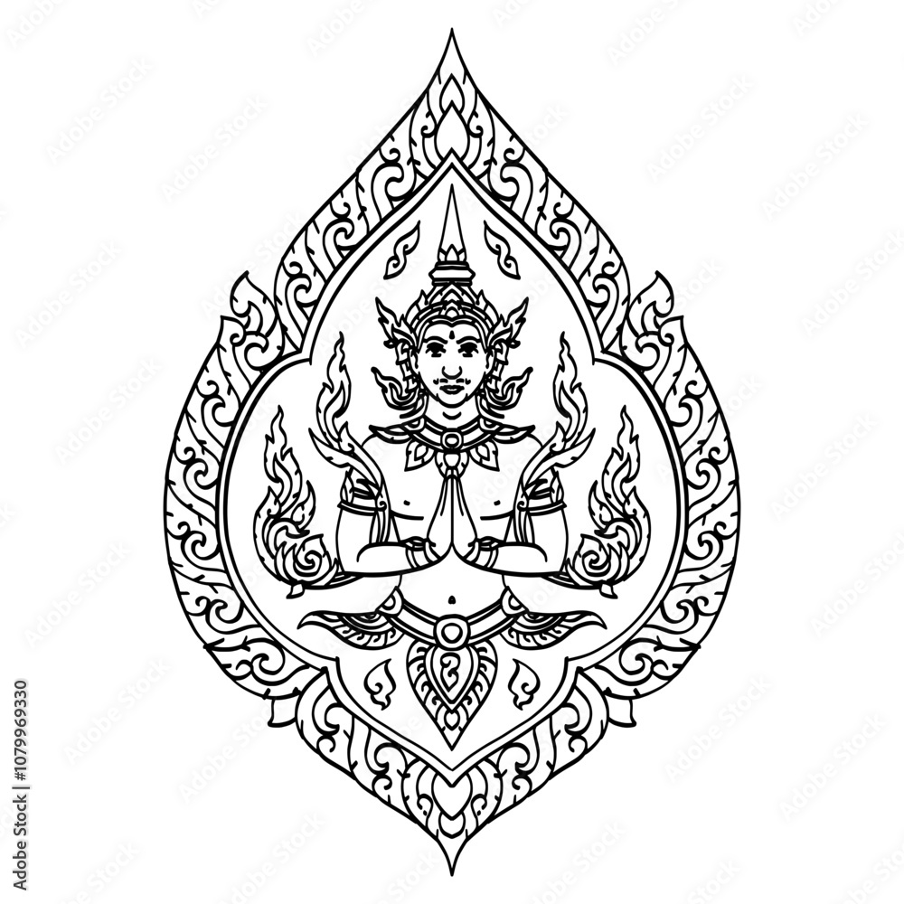 Fototapeta premium Thepphanom pattern, Thai traditional pattern, the figure of a deva (Thai angel) clasping hands in token of worship. 