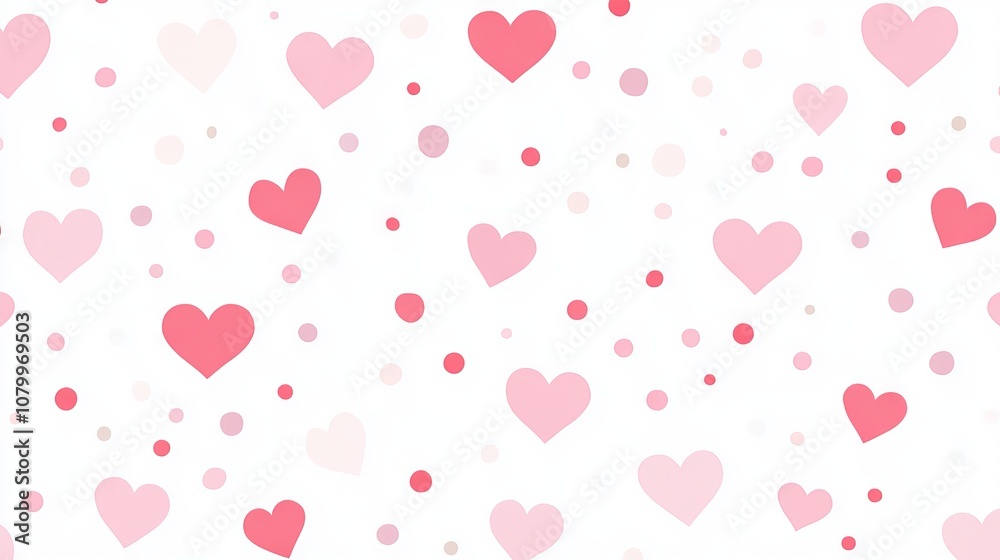 Pink and white seamless pattern with hearts and dots, vector illustration, wide horizontal design for digital and print backgrounds Pink and white seamless pattern with hearts and dots, vector illustration, wide horizontal design for digital and print backgrounds