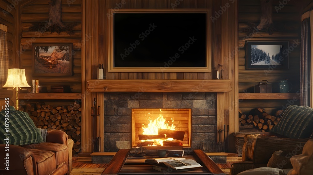 Fototapeta premium A blank TV screen mounted above a fireplace in a cozy cabin-style living room with wooden decor, ideal for winter-themed video displays.