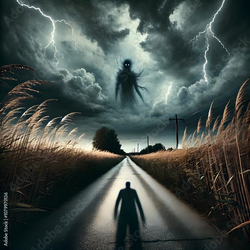 A deserted rural road under a stormy sky, featuring a mysterious shadow figure standing in the middle of the road. and a terrifying figure among the clouds photo