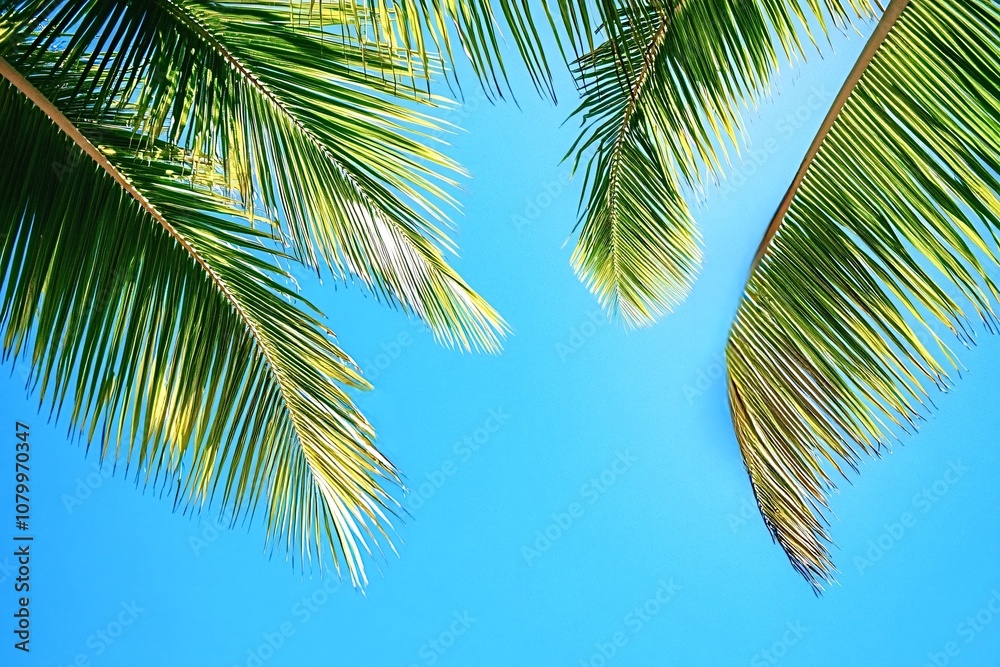 Lush green palm leaves sway against a clear blue sky, creating a serene tropical paradise scene evoking peace and tranquility, perfect for a summer vacation escape Lush green palm leaves sway against a clear blue sky, creating a serene tropical paradise scene evoking peace and tranquility, perfect for a summer vacation escape