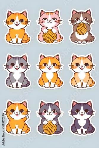 Cute Cartoon Cat Stickers with Yarn Balls for Decorative and Creative Use