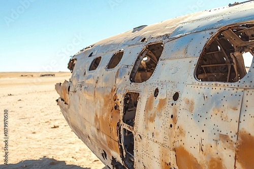 Sunlight illuminates the decaying fuselage of an abandoned airplane, highlighting its rusting metal and broken windows in a desolate desert environment photo