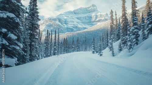 A peaceful cross-country ski trail curving through a snow-laden forest under towering mountains.