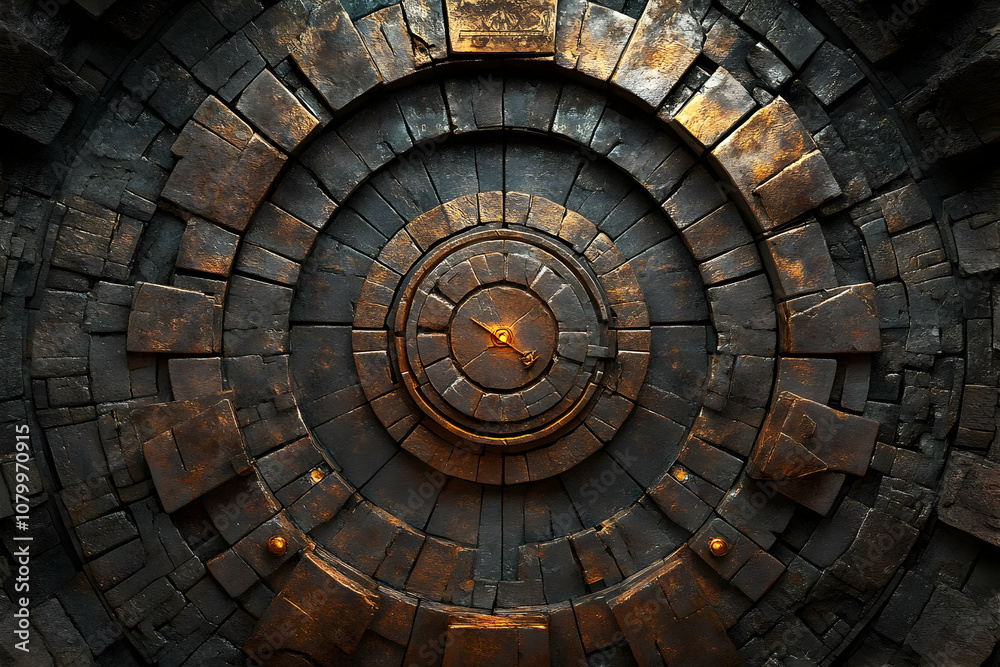 3D Illustration - Ancient Circular Stone Door with Golden Accents