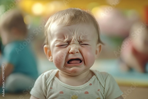 Portrait of a caucasian baby crying with closed eyes and tears falling down his cheeks, showing an expression of sadness and discomfort