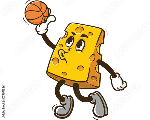 Cheese playing slam dunk basketball, Cartoon Mascot Illustration Character Vector Clip-art Hand-drawn Logo Design