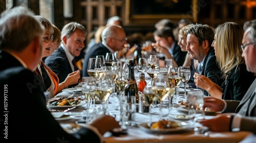 A business lunch scene with professionals sitting at a well-set table, engaged in conversation, with wine glasses and fine dining plates