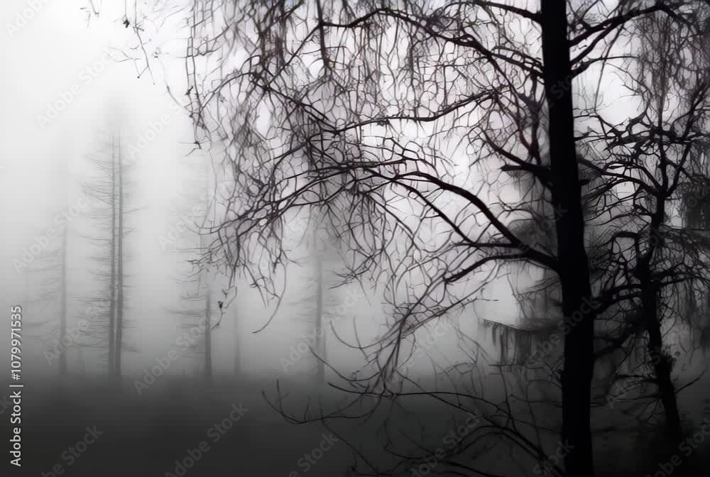 Dark misty forest with bare trees in fog. Moody nature scene. Gothic atmosphere concept. Mysterious footage Dark misty forest with bare trees in fog. Moody nature scene. Gothic atmosphere concept. Mysterious footage