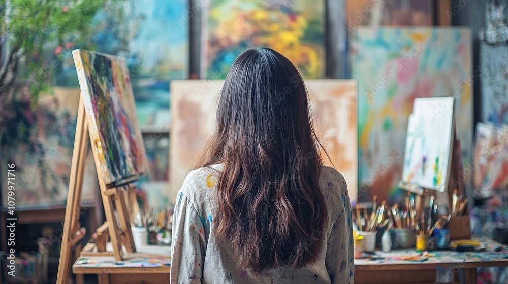 Woman Artist Standing in Front of Canvases in Studio Woman Artist Standing in Front of Canvases in Studio