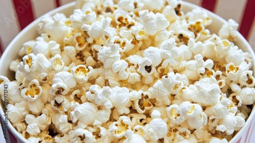 A large bowl of freshly popped popcorn ready for movie night, filled to the brim with fluffy kernels and inviting aroma photo