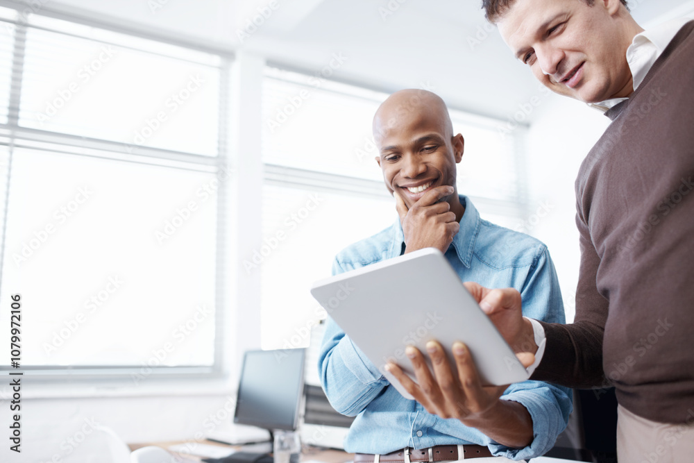 Happy, people and tablet for web development in office, programming report and design feedback. Men, reading and digital with creative proposal, maintenance solution and IT information for project Happy, people and tablet for web development in office, programming report and design feedback. Men, reading and digital with creative proposal, maintenance solution and IT information for project