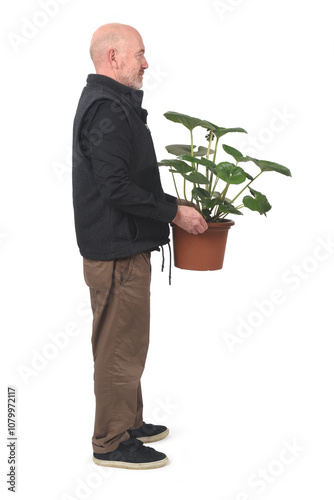 side view of a standing man holding a plant on white background