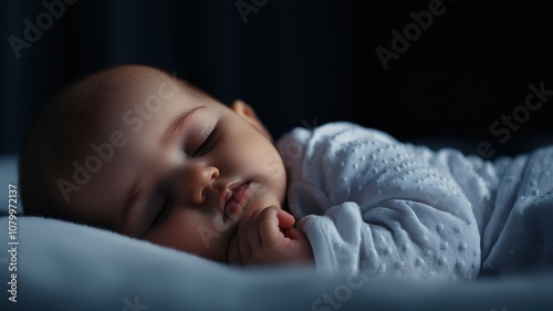 Infant struggling to breathe due to Whooping Cough, lying in a crib with clenched hands, side lighting casting gentle shadows, minimal background and ample copy space