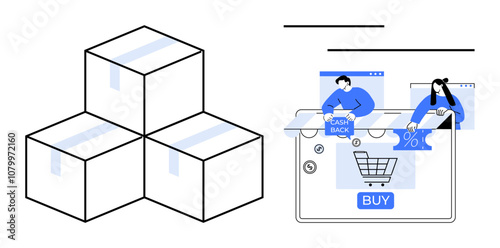 Stack of three sealed boxes beside an online shopping interface including cashback and discount offers. Ideal for e-commerce, delivery services, online retail, logistics, marketing, shopping
