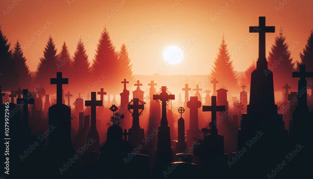 Silhouettes of tombstones and crosses in a cemetery with a sunset in the background Silhouettes of tombstones and crosses in a cemetery with a sunset in the background
