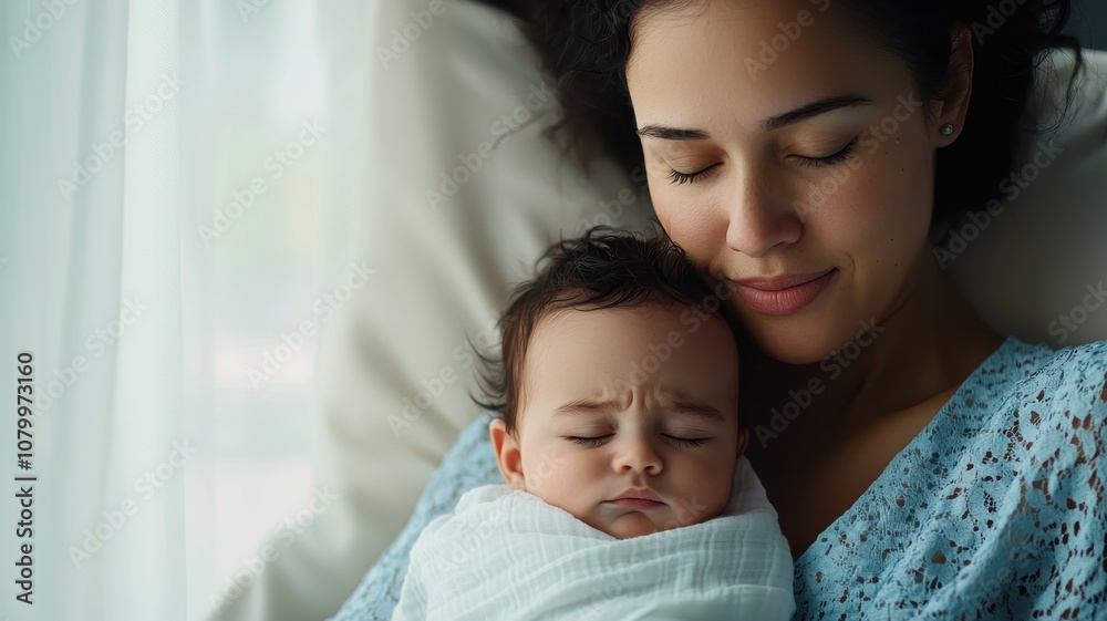 Concerned mother holding an infant with Whooping Cough, gently rocking them by a window, soft natural light filtering through, calm background Concerned mother holding an infant with Whooping Cough, gently rocking them by a window, soft natural light filtering through, calm background