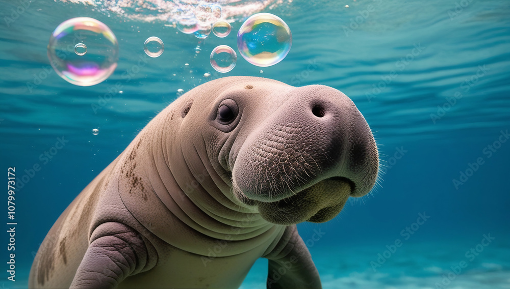 Naklejka premium Floating Joy: Manatee and Its Bubbles