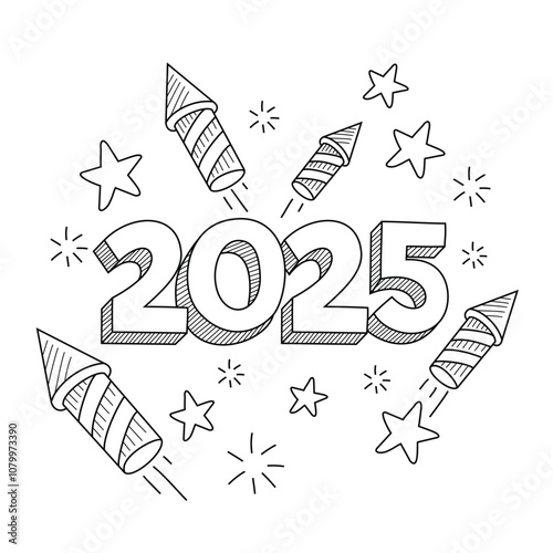Fireworks display around three dimensional 2025 stars for New Years Eve celebration. Perfect for festive backgrounds, event promotions, and holiday designs. Fireworks surround three dimensional 2025.