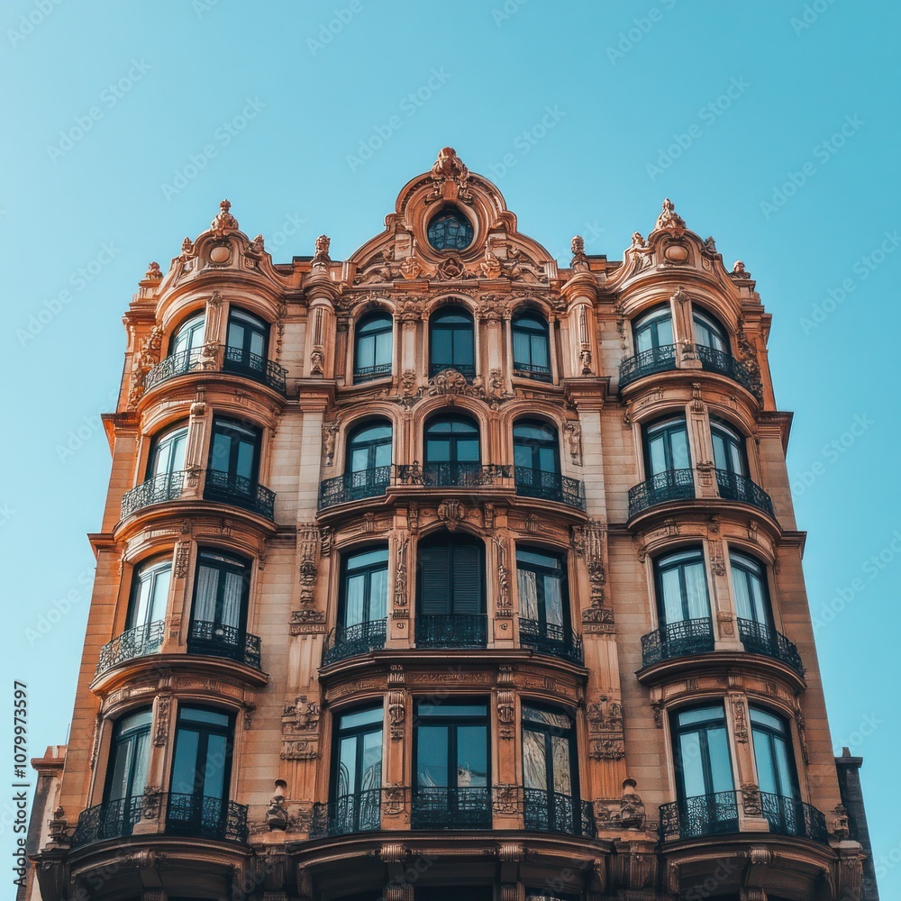 A historical building with ornate architectural details, set against a clear blue sky A historical building with ornate architectural details, set against a clear blue sky
