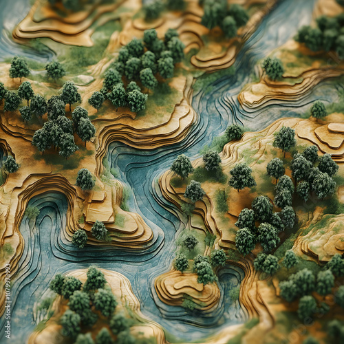 3D Illustration - Topographic Landscape with Trees and River