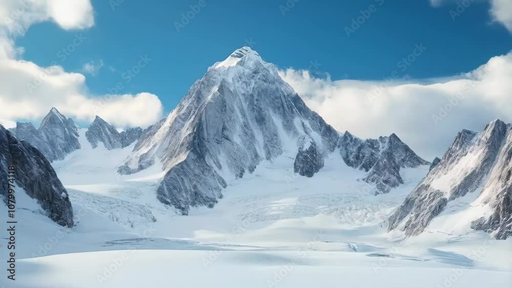 Snow covered mountain peaks with moving clouds timelapse. Majestic nature scene. Alpine landscape concept. Epic footage Snow covered mountain peaks with moving clouds timelapse. Majestic nature scene. Alpine landscape concept. Epic footage